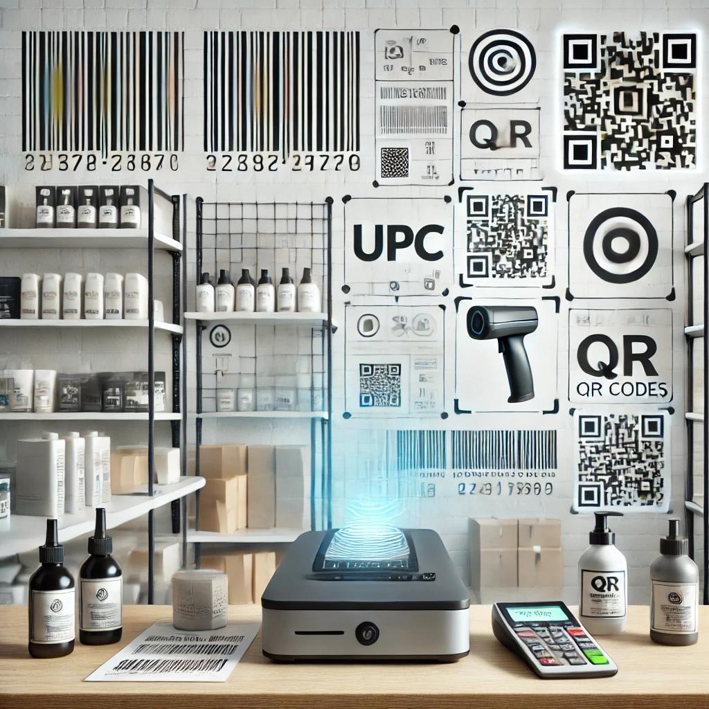 A modern business setting showcasing barcodes and QR codes used in retail and billing operations