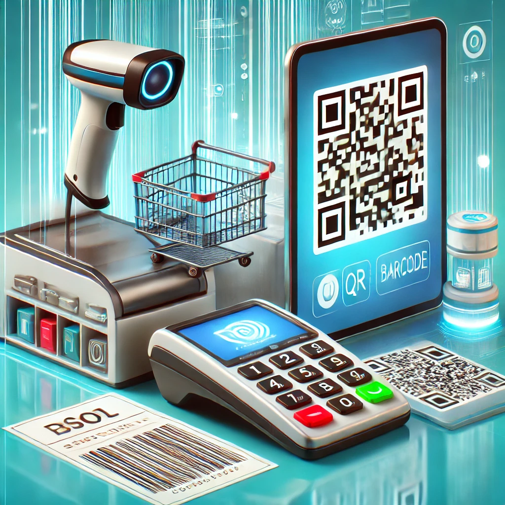 Retail checkout featuring barcode scanner and QR code on a smartphone with digital billing software interface, symbolizing modern business efficiency.