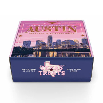 Austin treats box featuring a vibrant city skyline design, showcasing the essence of urban life in Austin.